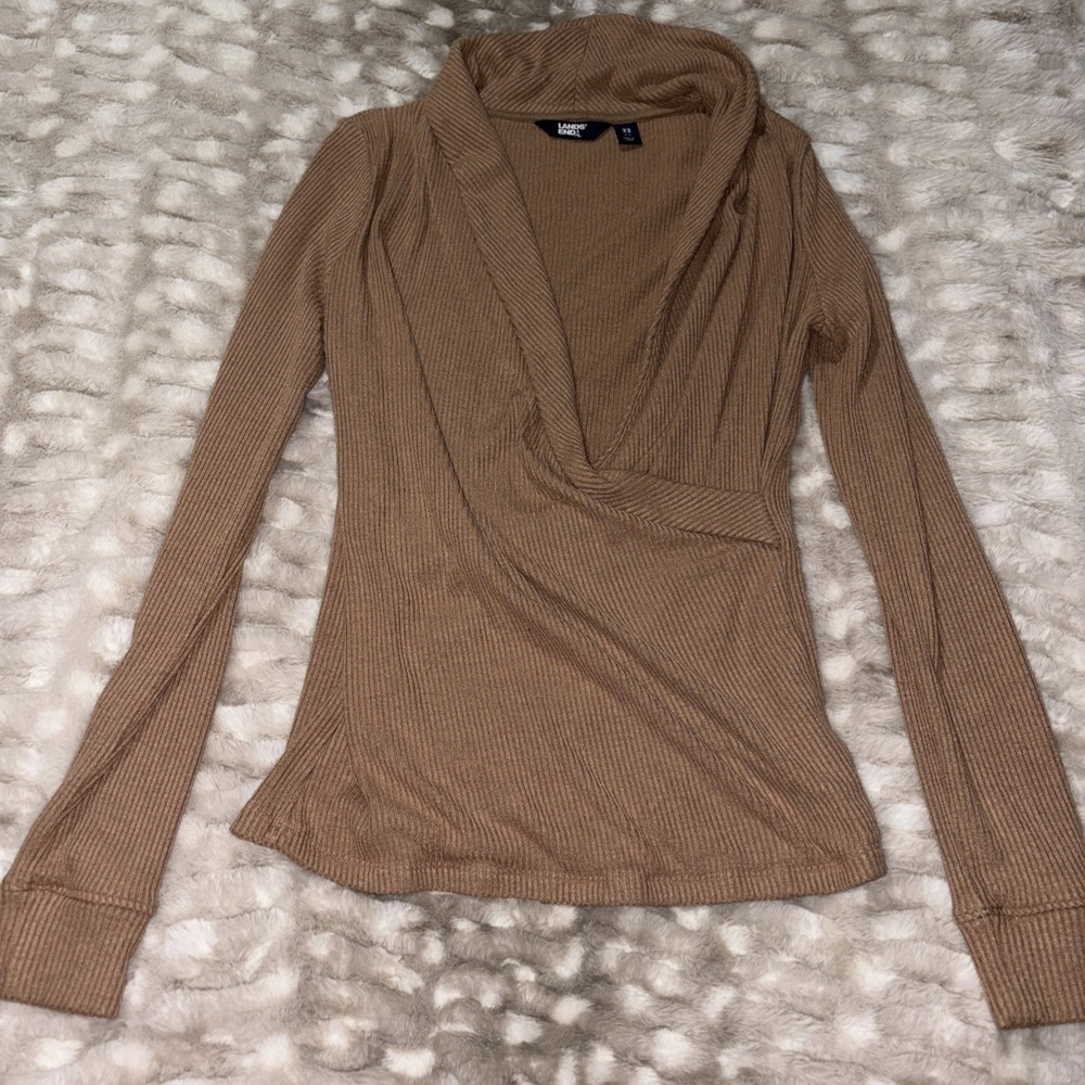 Land's End Brown Cozy Ribbed Faux Wrap Front Sweater Top Size XS Shawl Collar